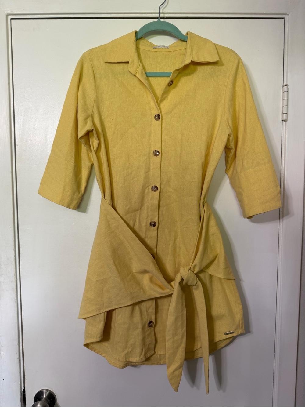 Button-Front Yellow Tie-Waist Tunic Dress